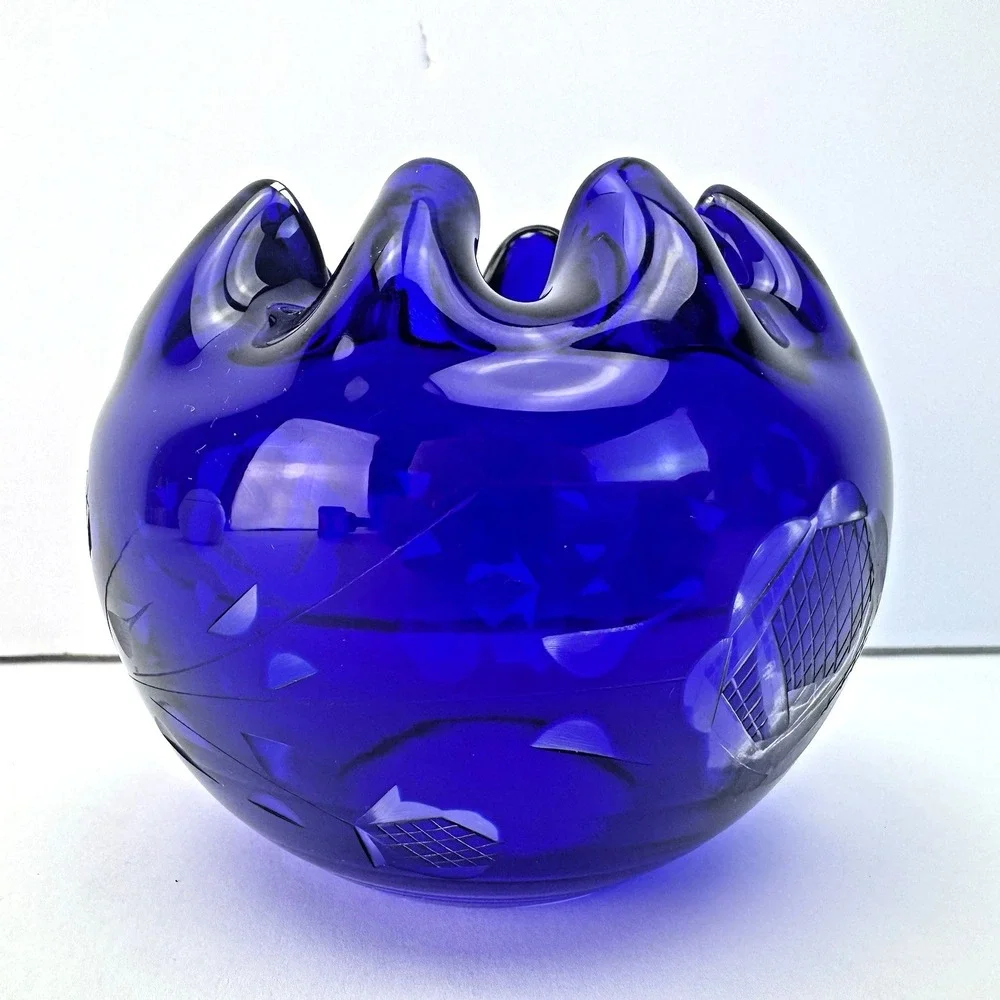 Cobalt Blue Rose‎ Bowl Dish Cut to Clear Crystal Ruffle Pinched Vase